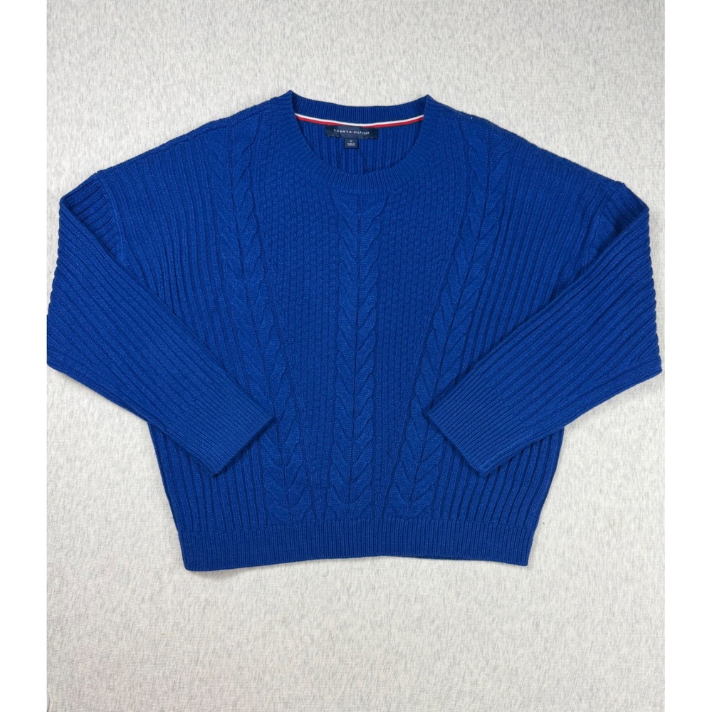 NWT Tommy Hilfiger Womens Medium Cable Knit Sweater Royal Blue Crew Neck Preppy